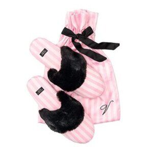 New Victoria's Secret Slippers Small 5 6 Pink Stripe Black Faux Fur NWT
